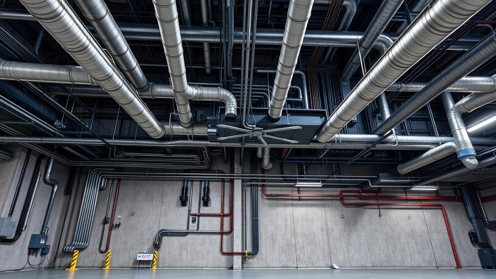 Industrial plant room with dense cable trays, pipework and ductwork
