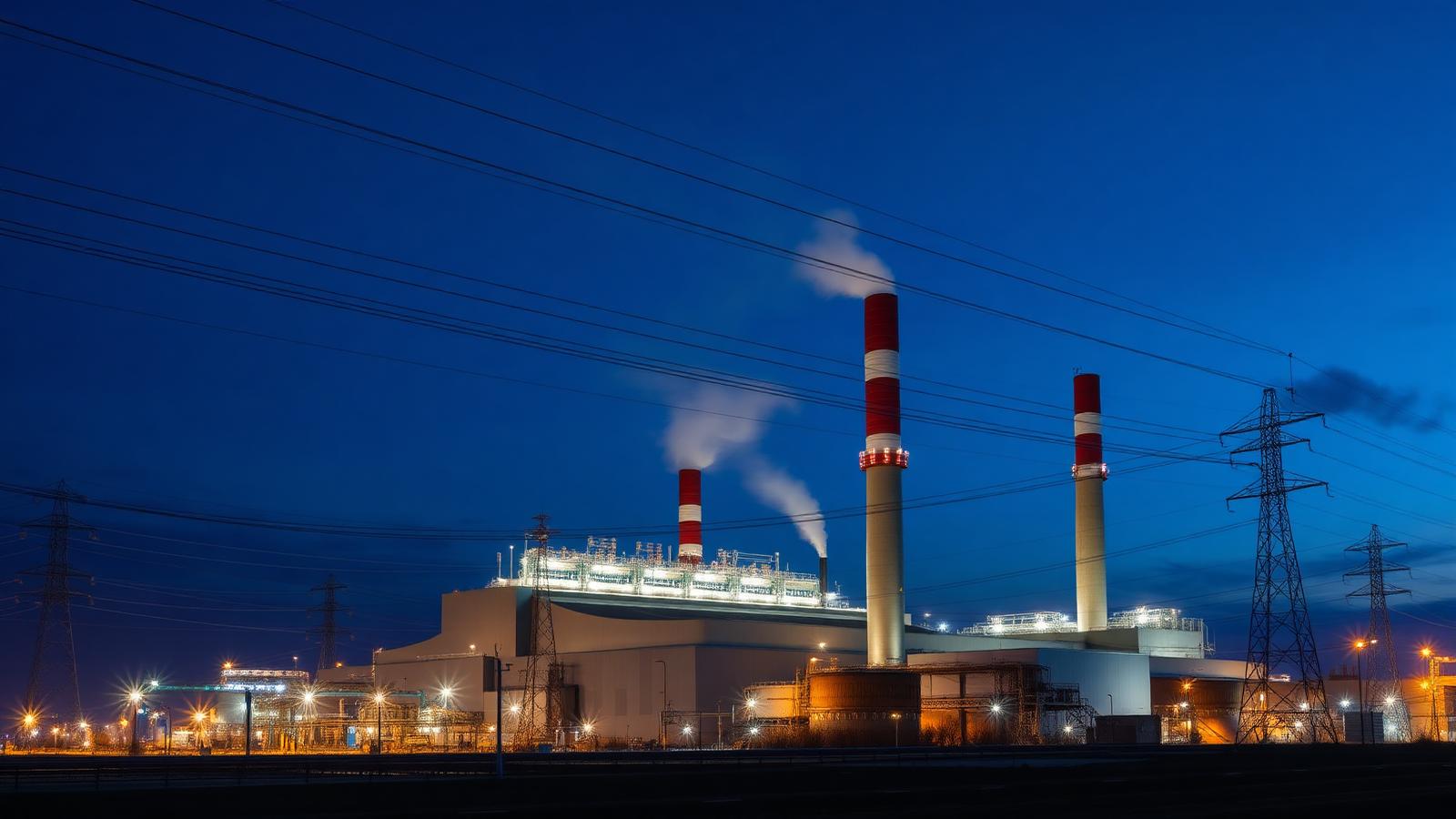 Gas turbine power generation plant at blue hour with transmission lines