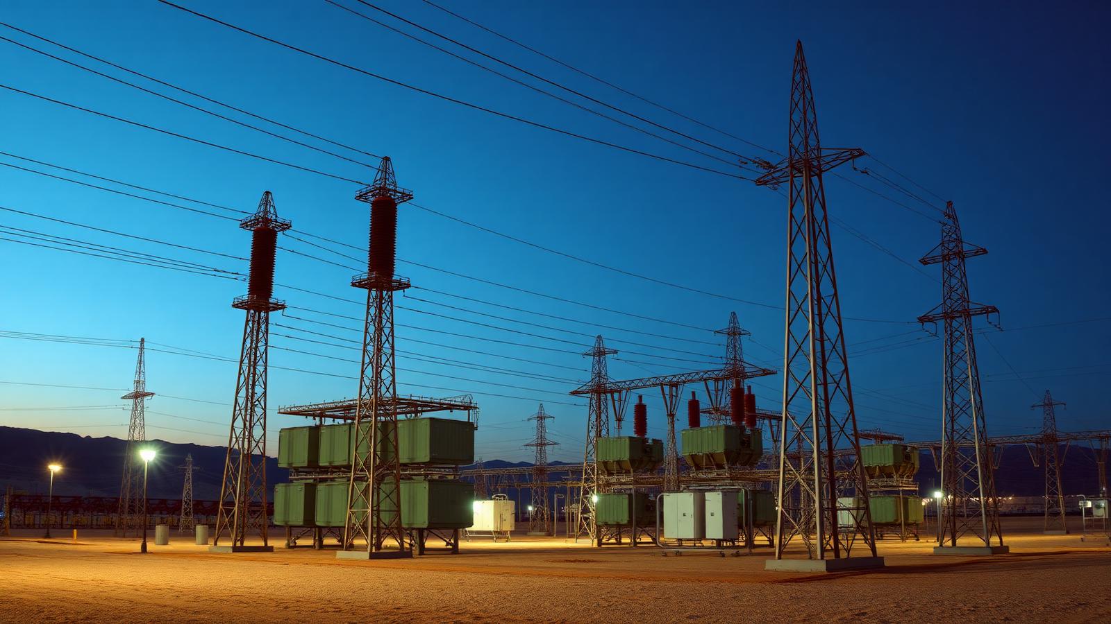 High-voltage electrical substation with transformers and lattice towers at dusk