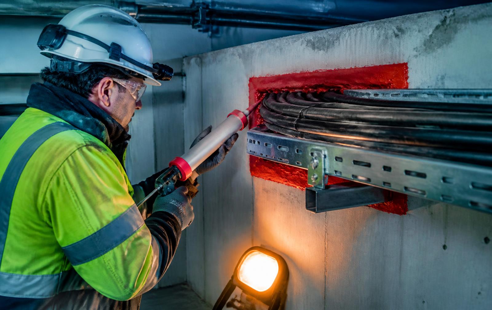 Technician applying intumescent firestop sealant around cable tray penetrations in a rated concrete wall
