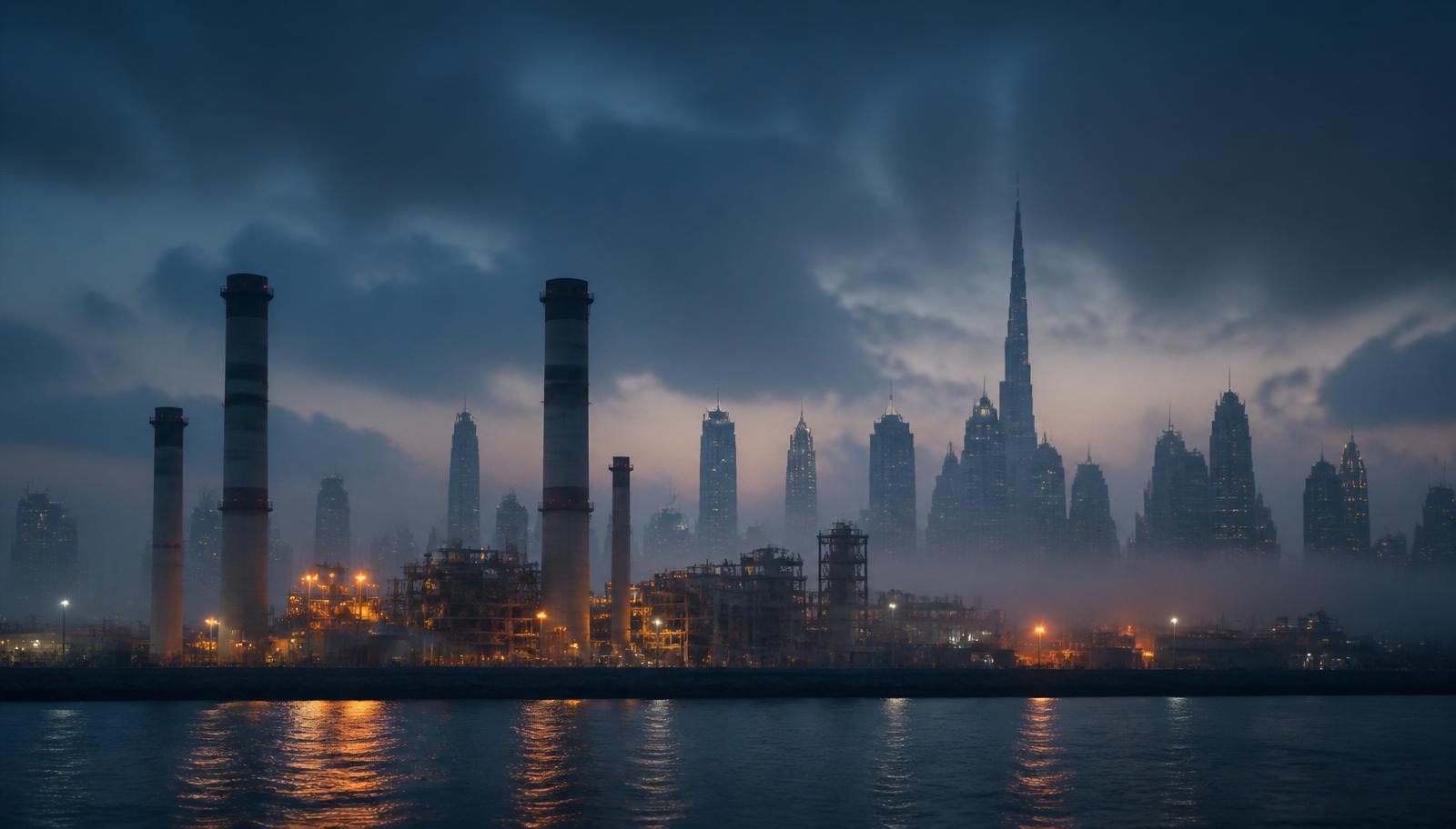 High-rise towers and industrial infrastructure at dusk