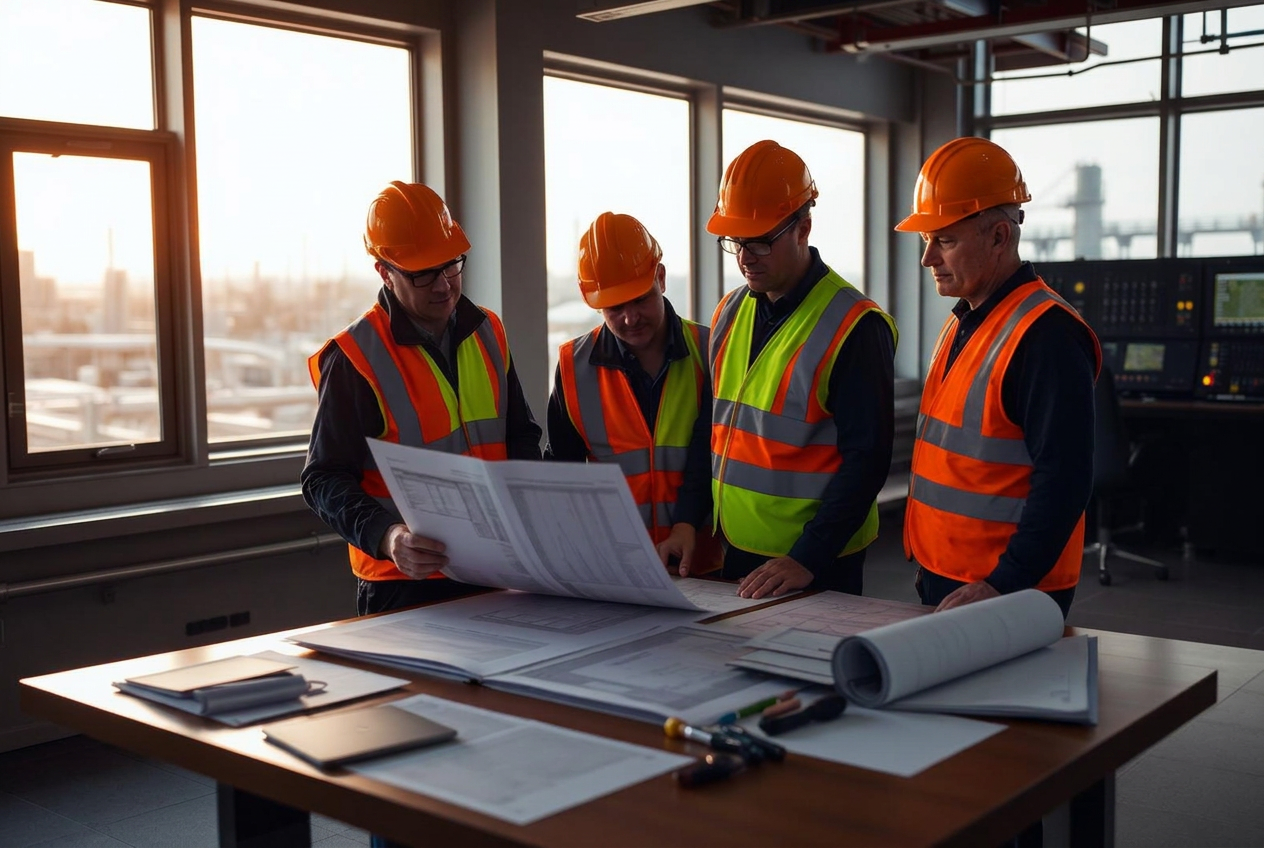 Engineers reviewing firestop submittal drawings in an industrial control room